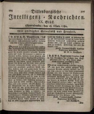 XX. Stück. Sonnabends : den 18. May, 1782.