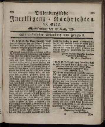 XX. Stück. Sonnabends : den 18. May, 1782.