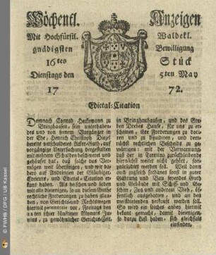 16tes Stueck, Dienstags den 5ten May 1772