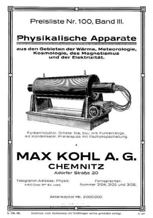 3: Preisliste Nr.100, Band III: Physikalische Apparate aus den Gebieten der Wärme, Metereologie, Kosmologie, des Magnetismus und der Elektrizität
