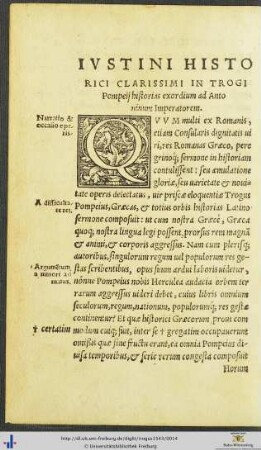 Iustini Historici In Trogi Pompeij historias exordium ad Antonium Imperatorem