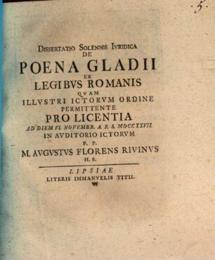 Diss. sol. iur. de poena gladii ex legibus Romanis