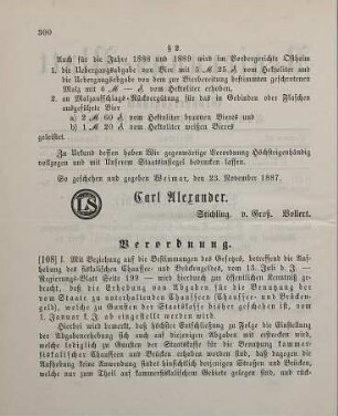 108. Verordnung, die Aufhebung des Chausseegeldes betreffend