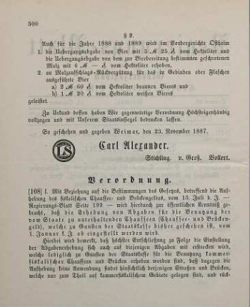 108. Verordnung, die Aufhebung des Chausseegeldes betreffend