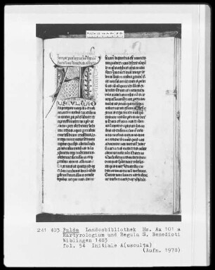 Martyrologium und Regula Sancti Benedicti — Initiale A(usculta), Folio 54recto