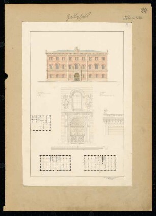 Zeughaus Monatskonkurrenz Februar 1840: Grundriss Erdgeschoss, 1. Obergeschoss, 2. Obergeschoss (teilweise), Aufriss Vorderansicht, Details: Aufriss Portal, Dachecke mit Akroter; 3 Maßstabsleisten