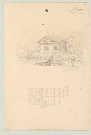 Schulhaus Monatskonkurrenz August 1843: Grundriss Erdgeschoss, perspektivische Ansicht; Maßstabsleiste
