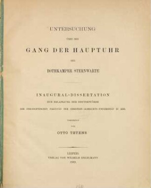 Untersuchung über den Gang der Hauptuhr der Bothkamper Sternwarte