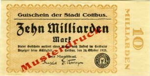 Cottbus, Stadt: 10 Milliarden Mark 1923 Probe