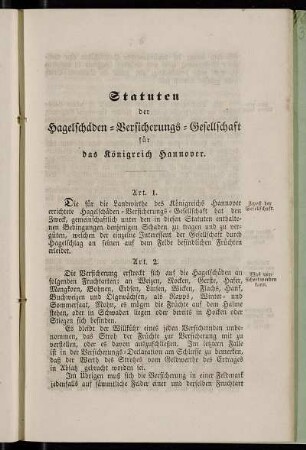 Statuten der Hagelschäden-Versicherungs-Gesellschaft für das Königreich Hannover.