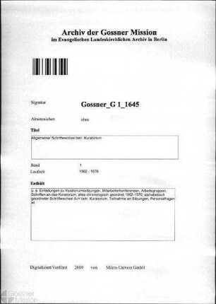 Allgemeiner Schriftwechsel betr. Kuratorium