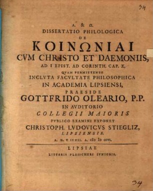 Diss. philol. de koinōnia cum Christo et daemoniis, ad 1 Epist. ad Cor. X.