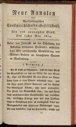 Ein und zwanzigstes Stück. Den 25sten May 1814.