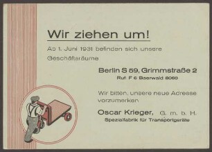 Mitteilungskarte Spezialfabrik für Transportgeräte „Oscar Krieger“, Grimmstraße 2