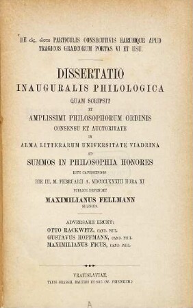 De  particulis consecutivis earumque apud tragicos Graecorum poetas vi et usu : (Breslauer Doctordiss)