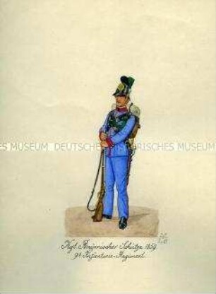 Uniformdarstellung, Schütze des 9. Infanterie-Regiments "Wrede", Königreich Bayern, 1859.