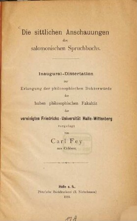 Die sittlichen Anschauungen des salomonischen Spruchbuchs