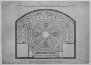 Hoftheater Dresden, Entwurf für den Plafond des Zuschauerraumes : Gottfried Semper (1803-1879): Hoftheater Dresden. Entwurf für den Plafond des Zuschauerraumes. Tusche, Pinsel, Wasserfarben; 539 x 751 mm, 1874