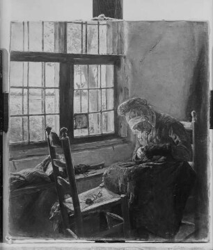 Stopfende Alte am Fenster