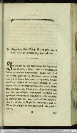 Der Gegenstand dieser Schrift ist der scheinbare Tod, oder die Hemmung des Lebens