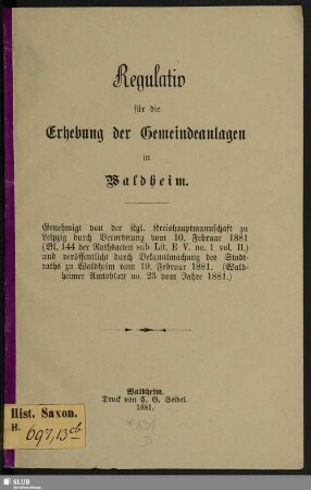 Regulativ für die Erhebung der Gemeindeanlagen in Waldheim