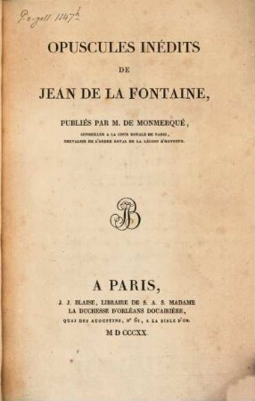 Opuscules inédits de Jean de LaFontaine