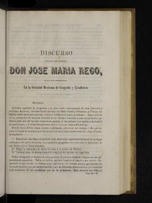 Discurso leido por el Sr. Ingeniero Don Jose Maria Rego