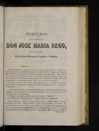 Discurso leido por el Sr. Ingeniero Don Jose Maria Rego