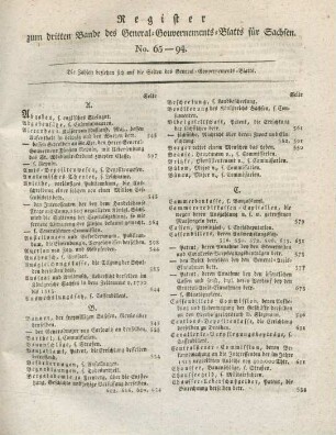 Register zum dritten Bande des General-Gouvernements-Blatts für Sachsen. No. 65-94