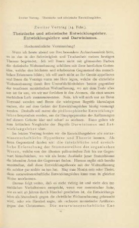 Zweiter Vortrag (14. Febr.). Theistische und atheistische Entwicklungslehre. Entwicklungslehre und Darwinismus