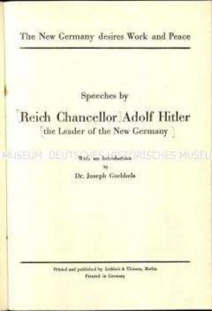 Reden des Reichskanzlers Adolf Hitler