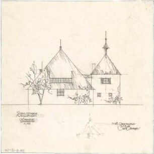 Gsaenger, Gustav; München - Obermenzing, Grünspechtstr. 13; Ev. Notkirche, Bethlehems Kirche, Pfarrhaus - Notkirche, Erweiterung, Südseite (Ansicht)