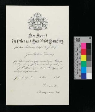 Verleihungsurkunde zur Verleihung des Hamburgischen Hanseatenkreuz an Leutnant zur See Vissering