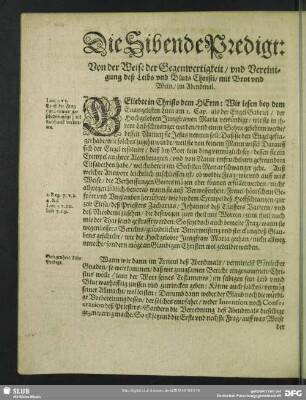 Die Sibende Predigt: Von der Weise der Gegenwertigkeit, und Vereinigung deß Leibs und Bluts Christi, mit Brot und Wein, im Abendmal