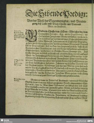 Die Sibende Predigt: Von der Weise der Gegenwertigkeit, und Vereinigung deß Leibs und Bluts Christi, mit Brot und Wein, im Abendmal