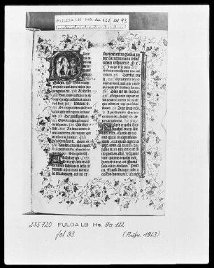 Deutschordensbrevier für die Ballei Utrecht — Initiale D, darin drei Seelen im Fegefeuer, Folio 93recto
