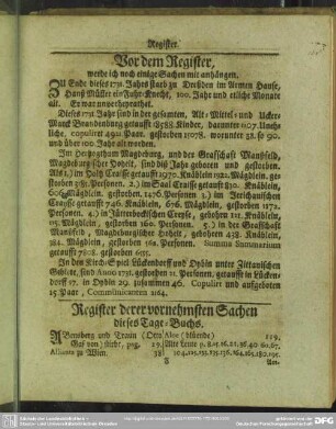 Register derer vornehmsten Sachen dieses Tage-Buchs