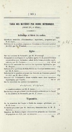 Table des matières par ordre méthodique. (Tome XV, 2 série.)