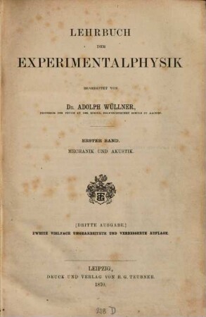 Lehrbuch der Experimentalphysik : mit theilweiser Benutzung von Jamin's Cours de physique de l'école polytechnique. 1,1, Mechanik und Akkustik