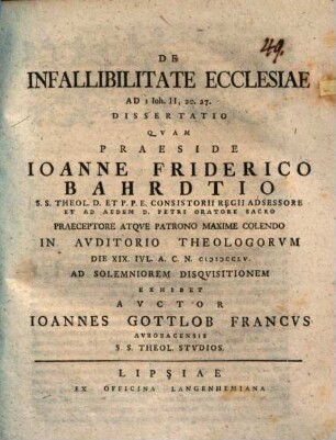 De infallibilitate ecclesiae, ad I Ioh. II, 20. 27. dissertatio