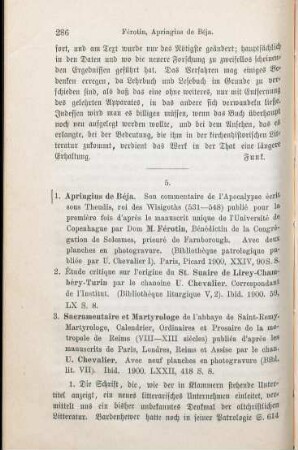 286-289 [Rezension] Férotin, Dom Marius, Apringius de Béja. Son commentaire de l’apocalypse. Écrit sous Theudis, roi des Wisigoths (531 - 548)