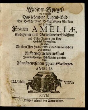 Witwen Spiegel/ In welchem Das lebendige Tugend-Bild Der ... Frauen Ameliae ...und Edlen Frauen zur Lipp hochseel. Andenckens/ Zu sehen/ ...
