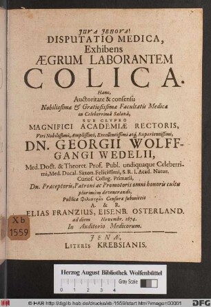 Disputatio Medica, Exhibens Aegrum Laborantem Colica