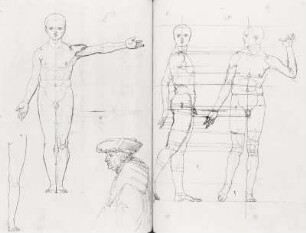 Blatt 108v und 109r: Drei Studien zu den Proportionen männlicher Figuren und Profilstudie eines alten Mannes mit Hut