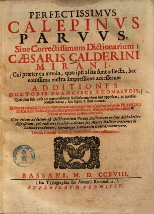 Perfectissimus Calepinus parvus sive correctissimum dictionarium ...