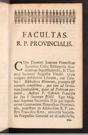 Facultas. R.P. Provincialis.