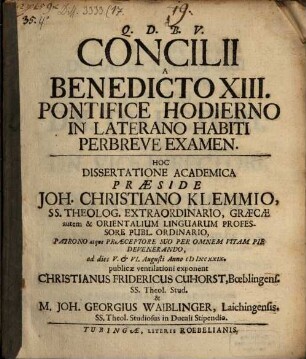 Concilii a Benedicto XIII. Pont. hodierno in Laterano habiti perbreve examen