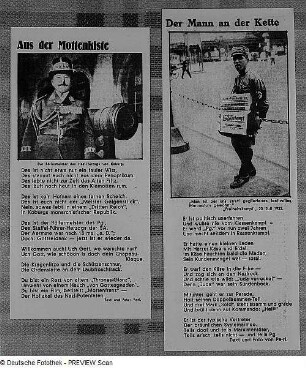 Reproduktion von 2 Zeitungsbeiträgen aus dem Illustrierten Volksecho (1932?): "Aus der Mottenkiste" und "Mann an der Kette", Fotografien und Texte von Richard Peter