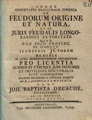 De feudorum origine et natura et de iuris feudalis Longobardici autoritate