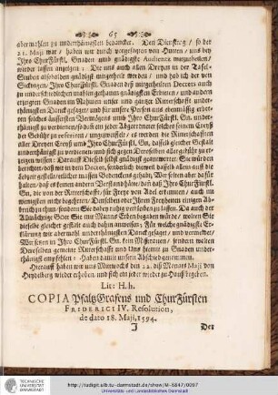 Lit: H.h. COPIA PfaltzGrafens und ChurFürsten FRIDERICI IV. Resolution, ...